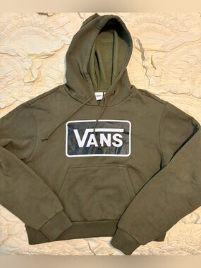 Vans Olive Green Cropped Hoodie Box Logo Sweatshirt Women's XS
